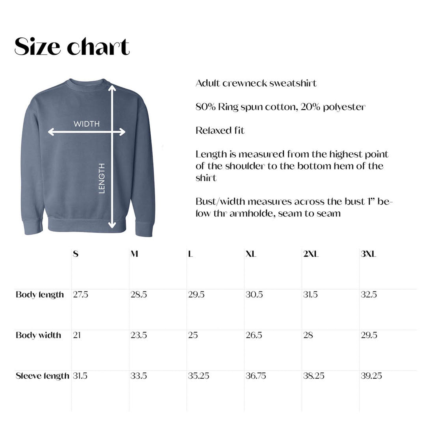 Size chart for adult crewneck sweatshirt with measurements and fabric composition details.