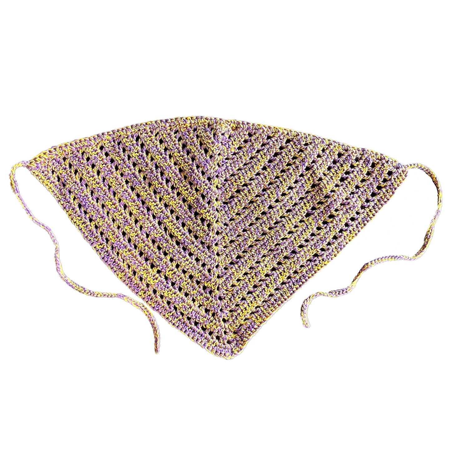 Crocheted bandana with purple and yellow pattern on a white background