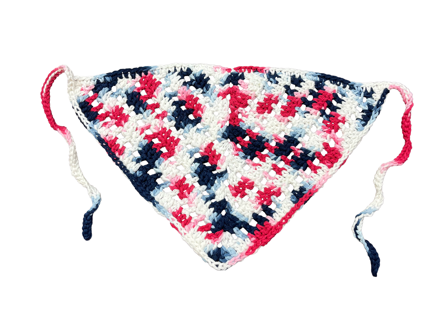 Crocheted bandana with red, blue, and white pattern on a white background