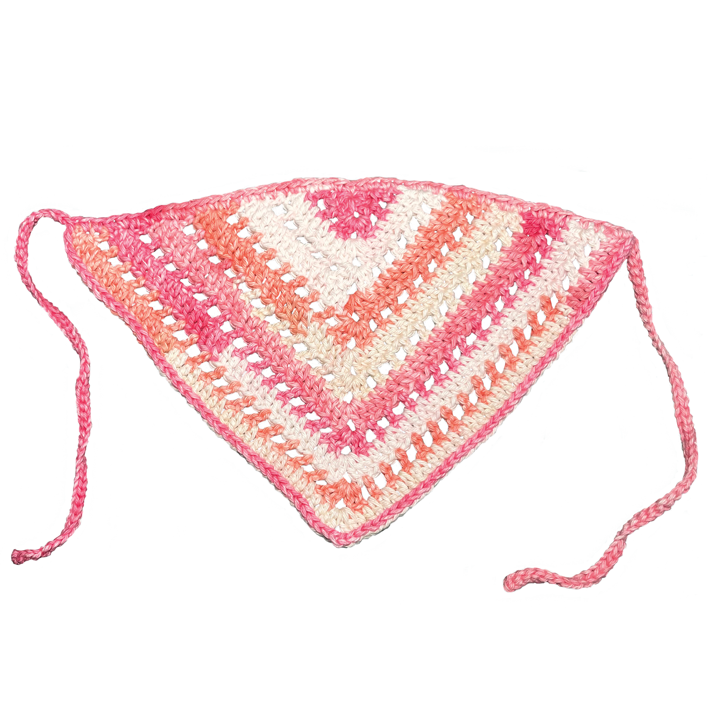 Crocheted bandana with pink and white pattern on a white background