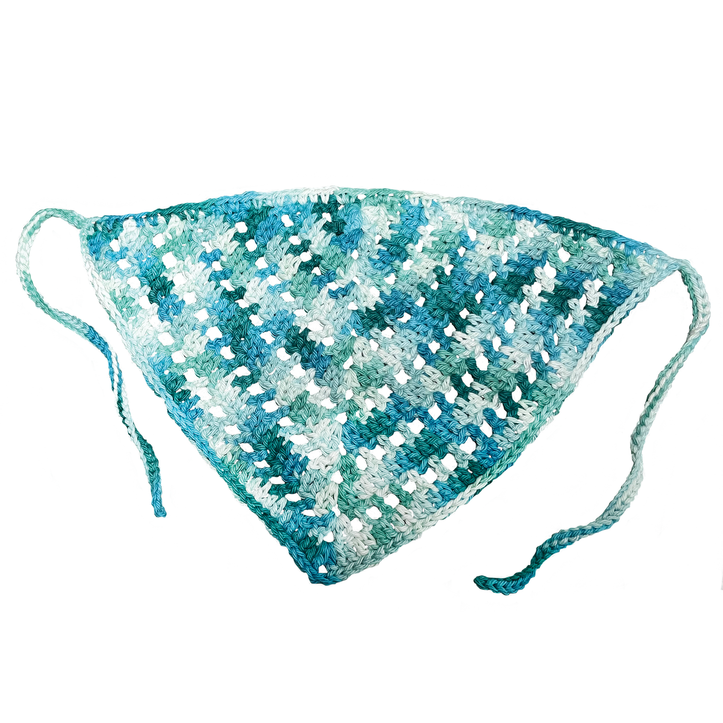 Blue crocheted bandana on a white background