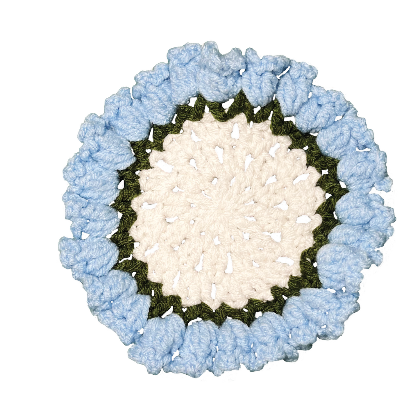 Round crocheted blue flower coaster on a white background
