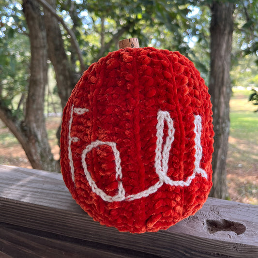 Orange crocheted pumpkin with 'Fall' on it, placed outdoors on a wooden surface.